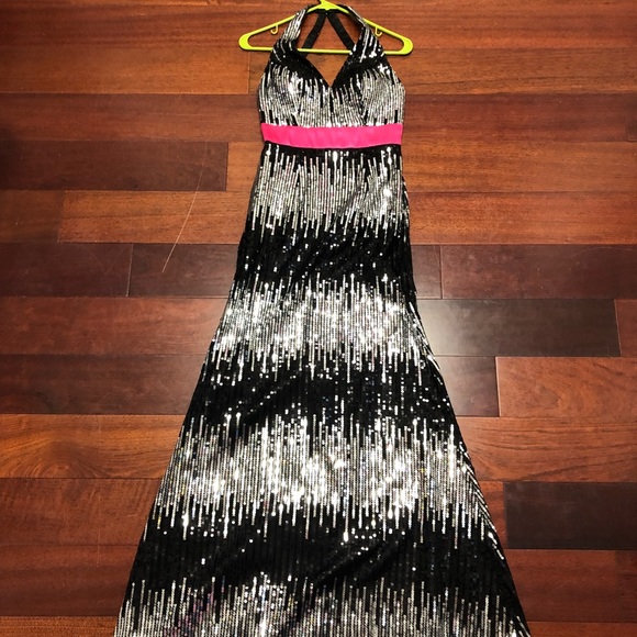 Black and Silver Halter Gown with Hot Pink Band - Picture 2 of 7